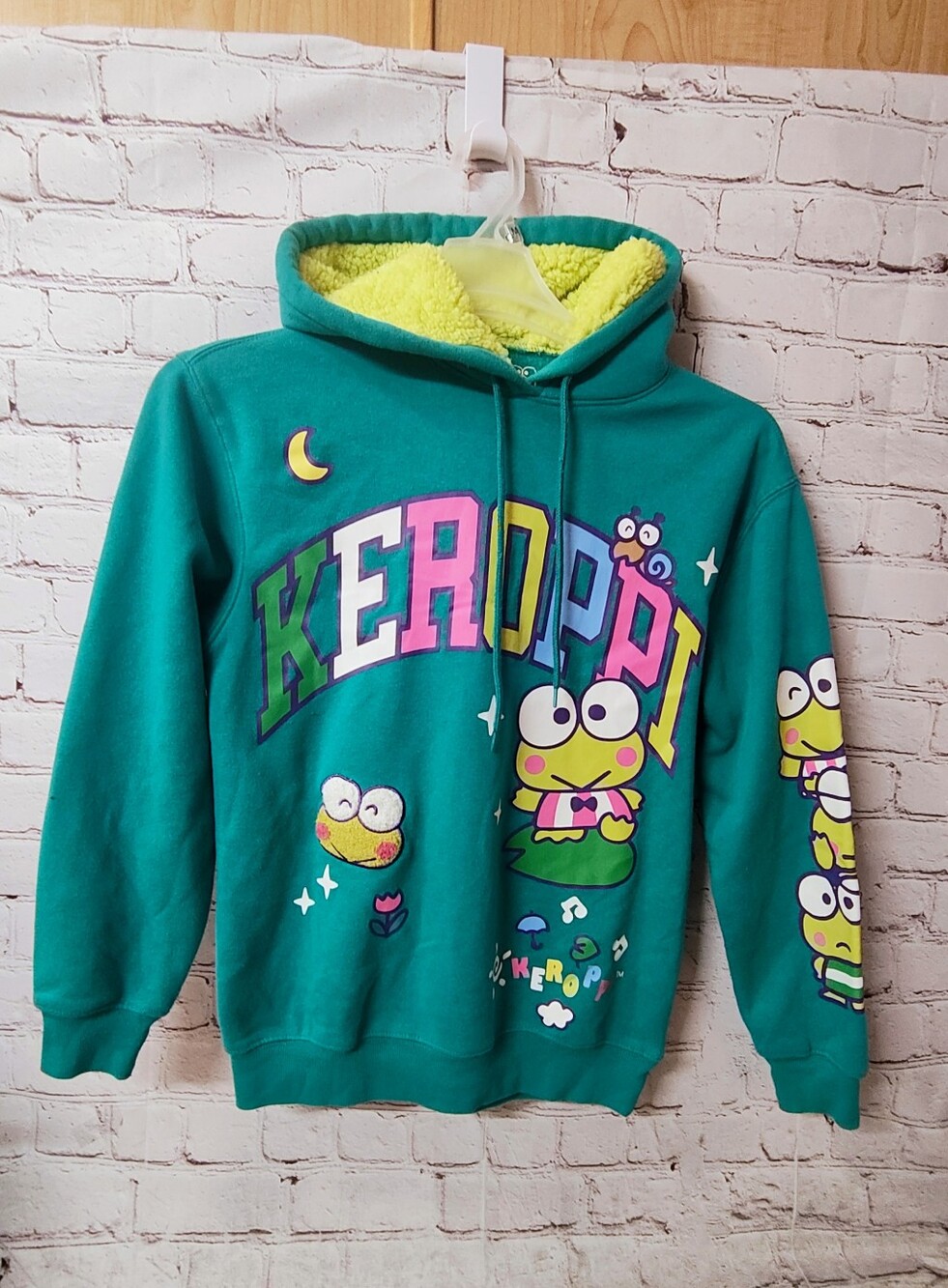Keroppi Sanrio Puff Print Fleece Hoodie Cute Green Pullover Hoodie XS